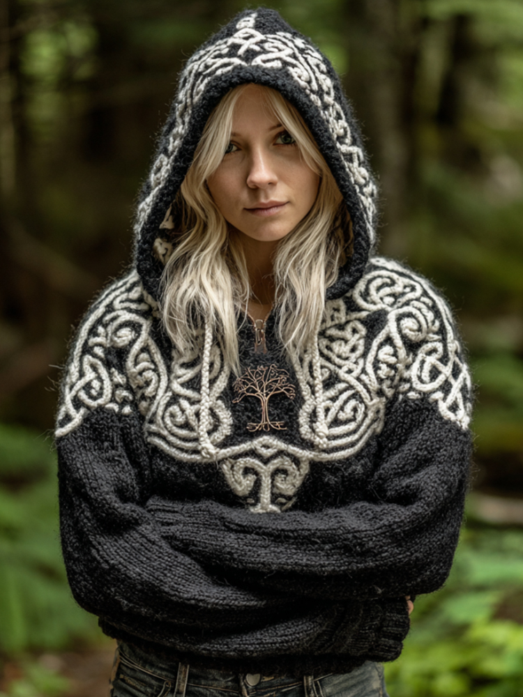 Women's Viking Style Tree Of Life Black And White Casual Hooded Sweater