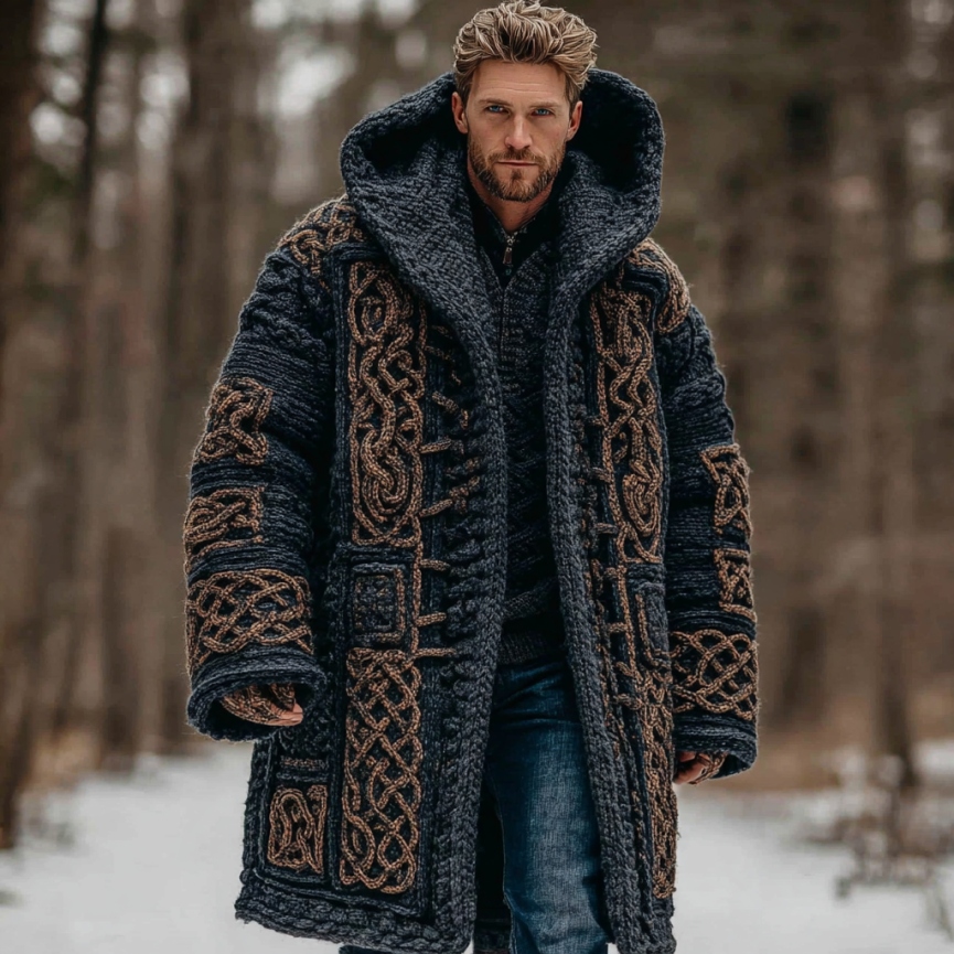 Men's Retro Celtic Knot Hooded Mid-length Cardigan Sweater