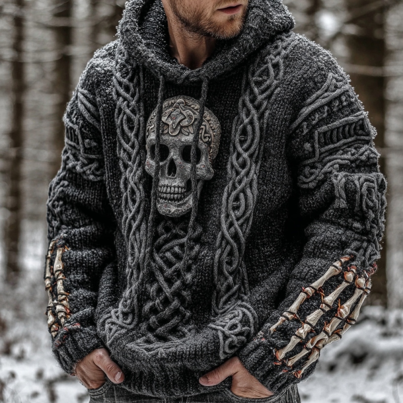 Halloween Celtic Knot Skeleton Tribal Art Jacquard Knitted Hooded Sweater