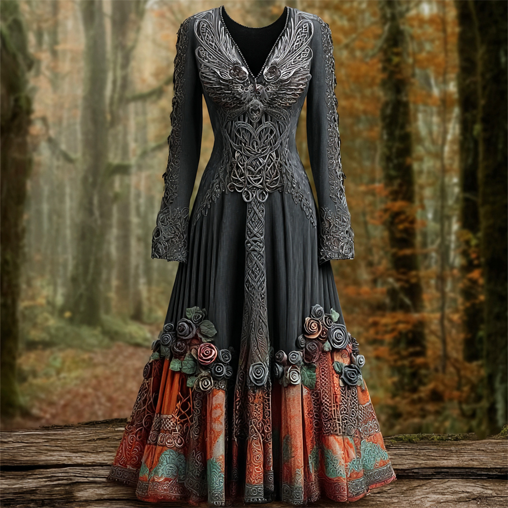 Halloween Raven & Celtic Knot Art Women's V-neck Long-sleeve Maxi Dress