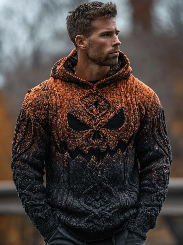 Men's Halloween Spooky Face Gradient Chunky Hooded Sweater
