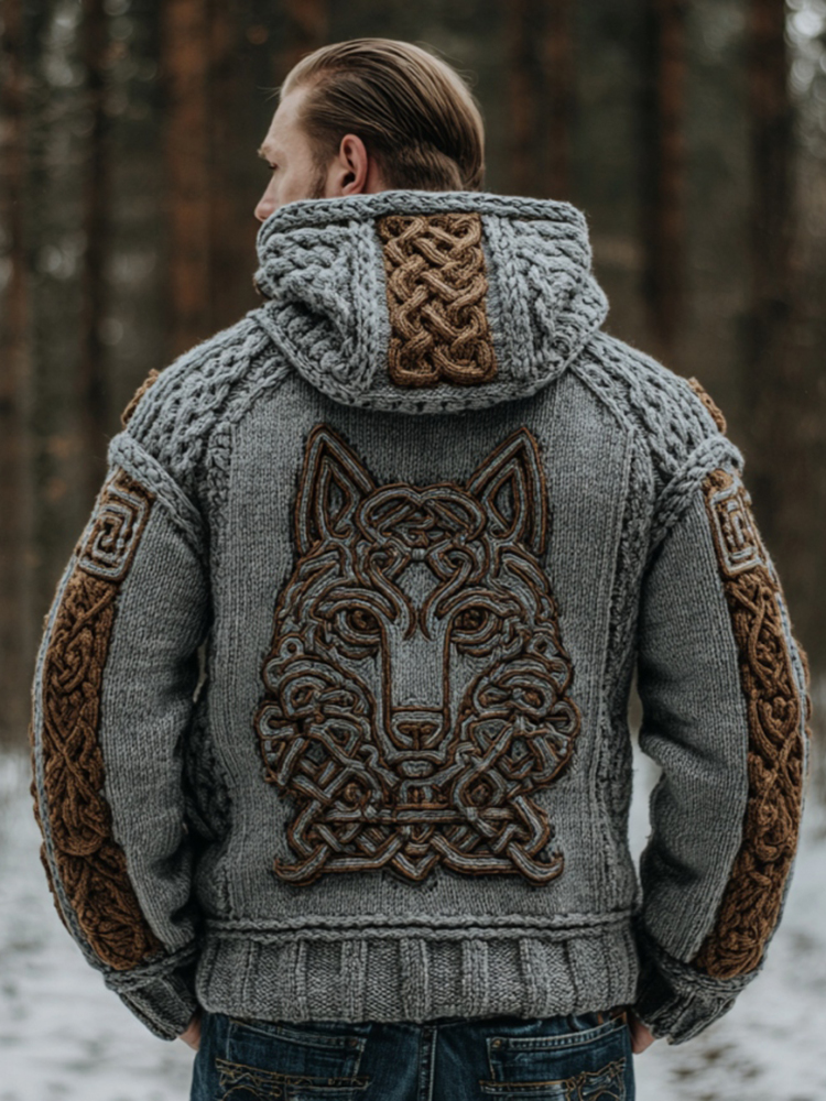 Men's Vintage Viking Wolf Celtic Knot Art Chunky Knit Hooded Zip-up Sweater