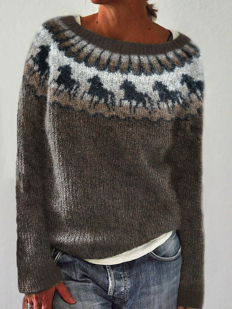 Horse Pattern Cozy Vintage Knit Sweater
