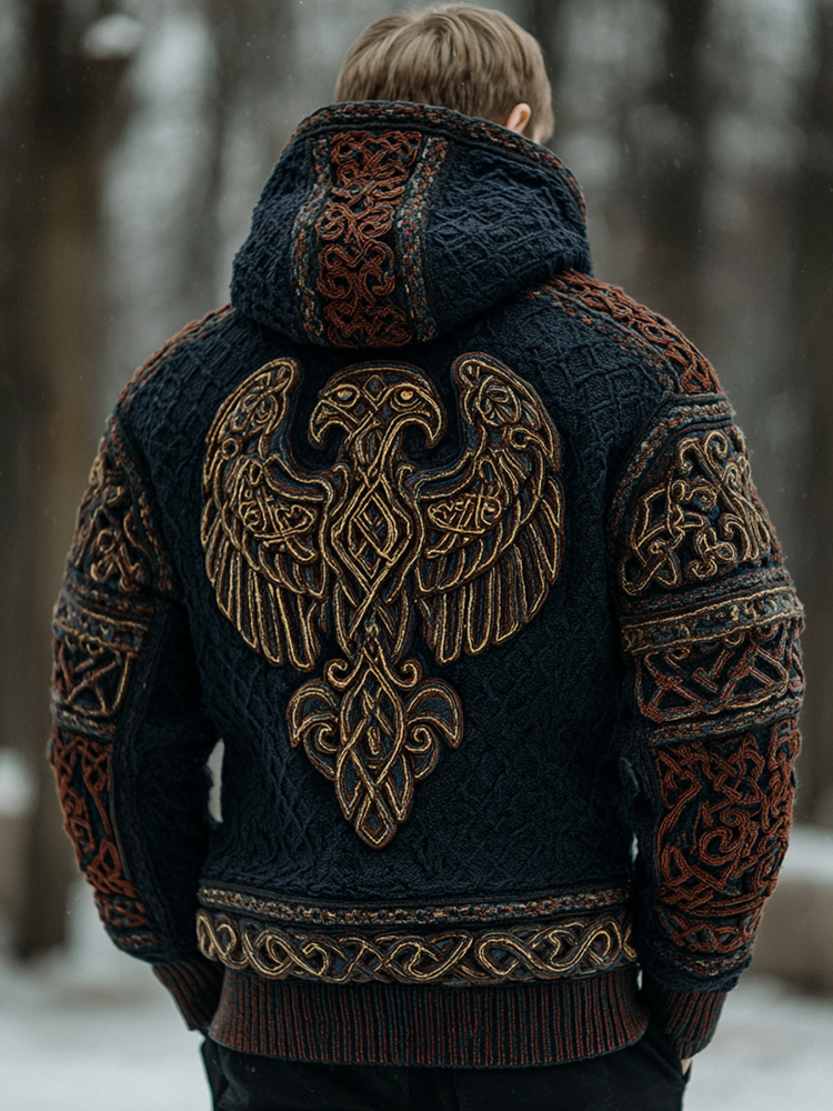 Men's Vintage Viking Eagle Pattern Knit Hooded Sweater