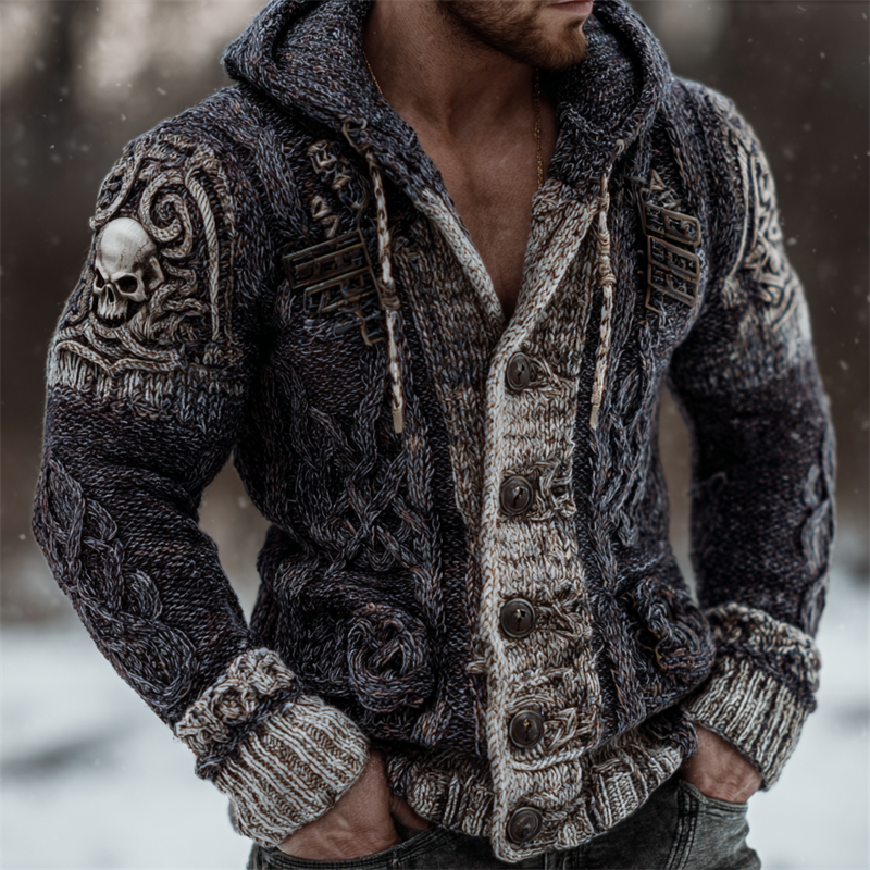 Men's Skulls Viking Celtic Knot Chunky Cozy Hooded Cardigan