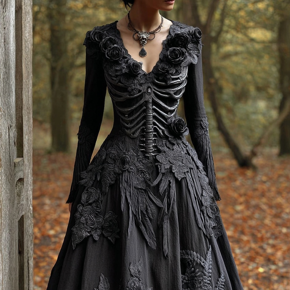 Classy Crow Feathers & Roses Skeleton Flowy Maxi Dress