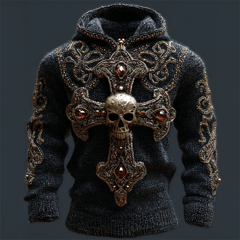 Men's Skull Cross Jewel Art Celtic Cozy Chunky Hooded Sweater