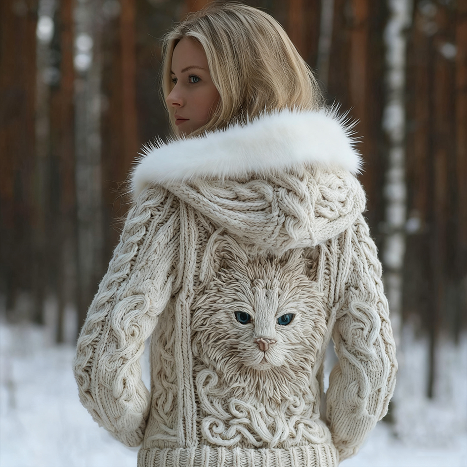 Viking Retro Cat Design Women's Hooded Knit Sweater Jacket