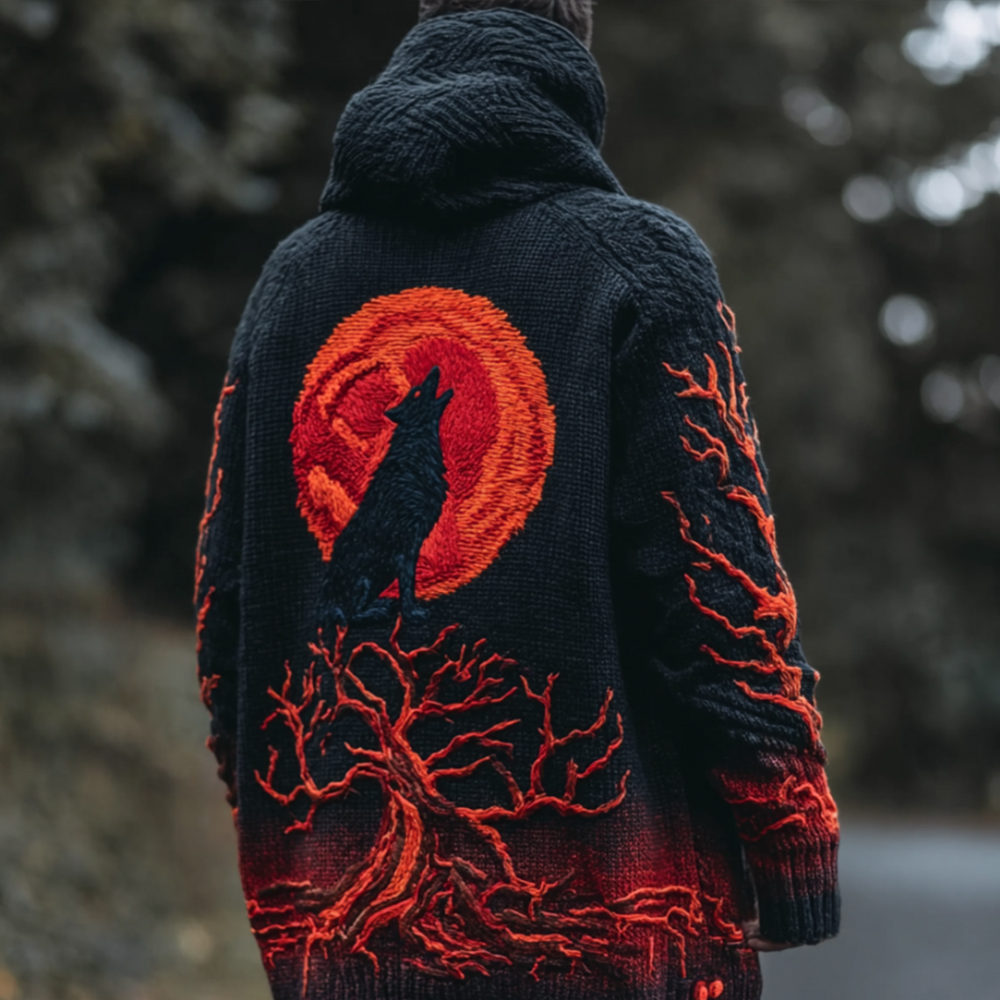 Halloween Tree Of Life Wolf Howl Embroidery Hoodie Long Sweater
