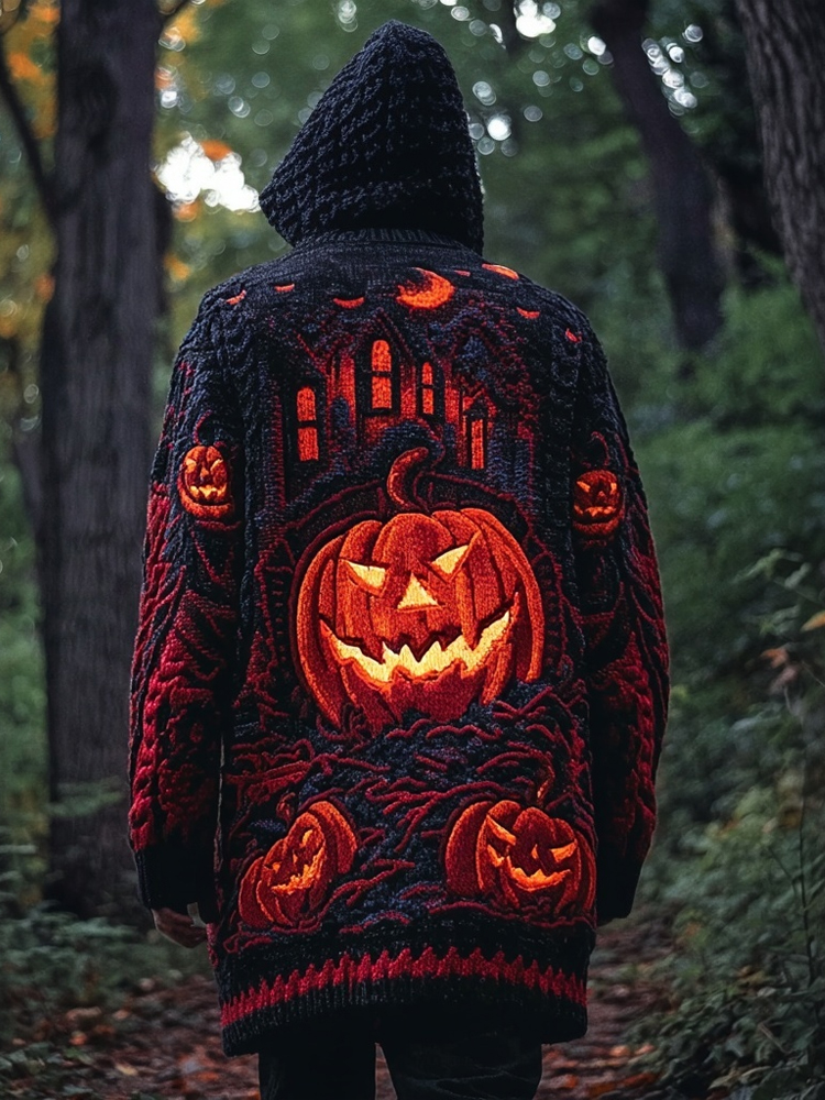 Men's Halloween Pumpkin Inspired Cozy Hooded Cardigan