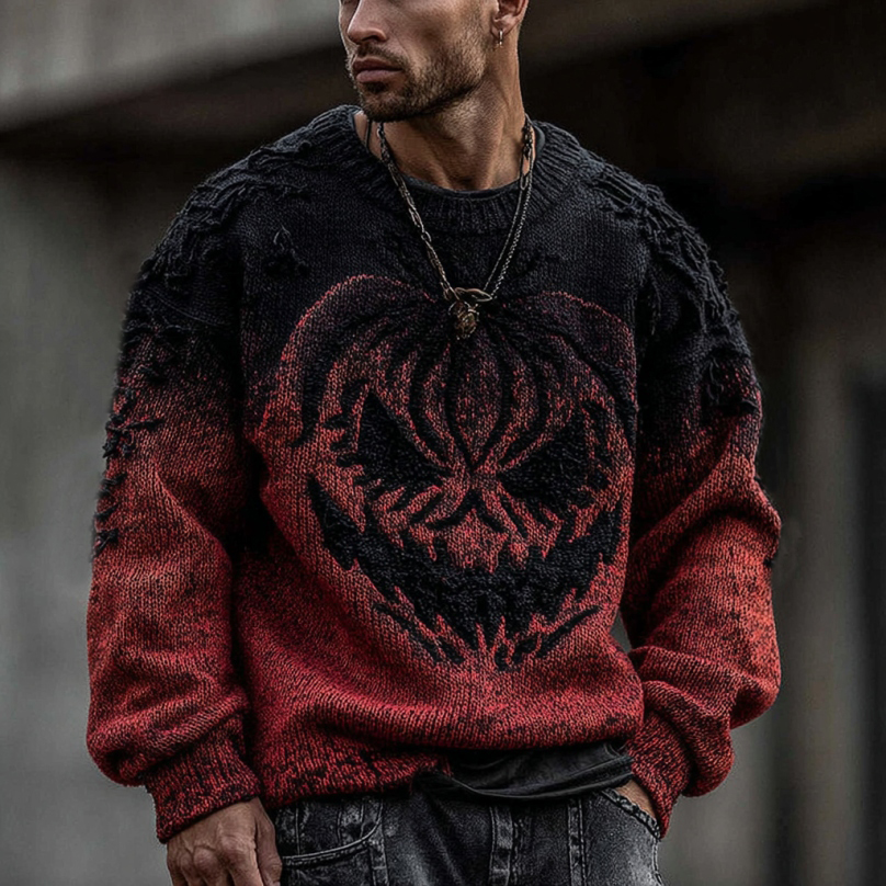 Men's Halloween Pumpkin Face Gradient Cozy Knit Pullover Sweater