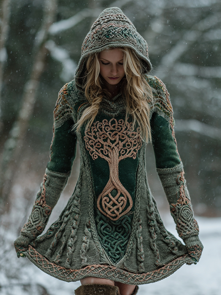 Celtic Knot Tree Of Life Jacquard Thick Hooded Midi Dress