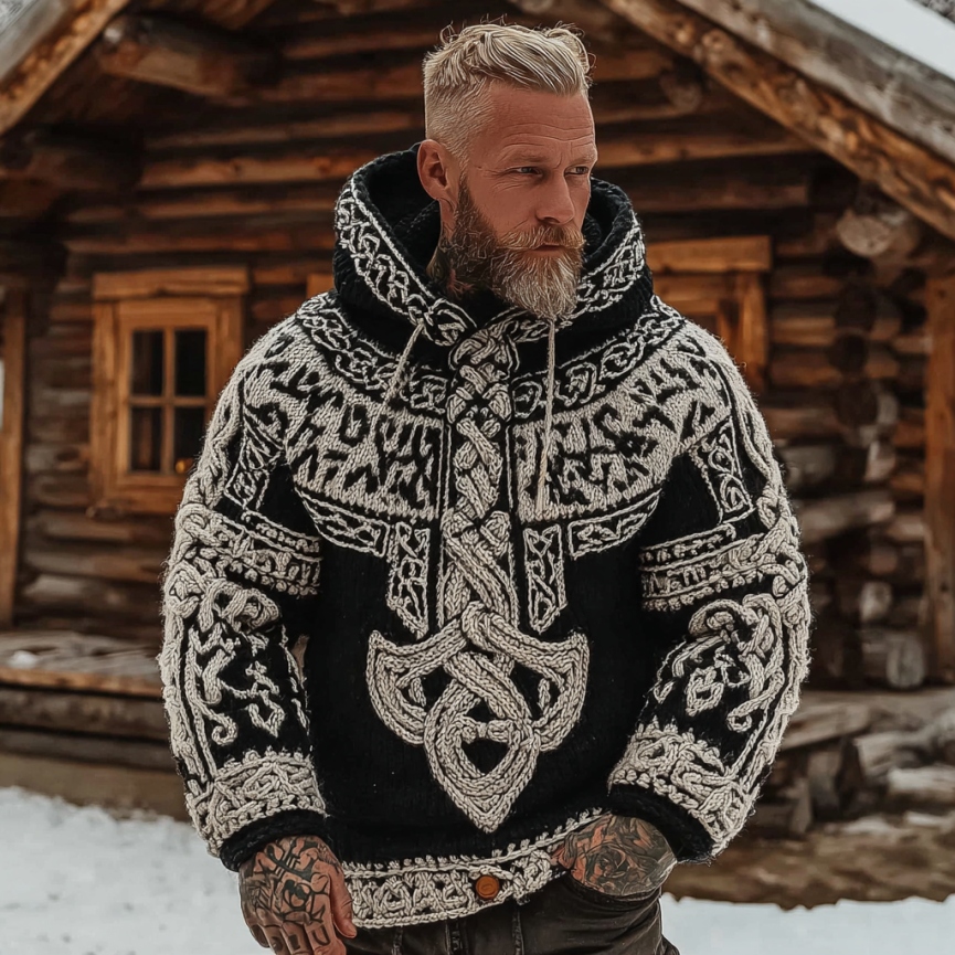 Men's Vintage Viking Celtic Pattern Art Knit Hooded Sweater