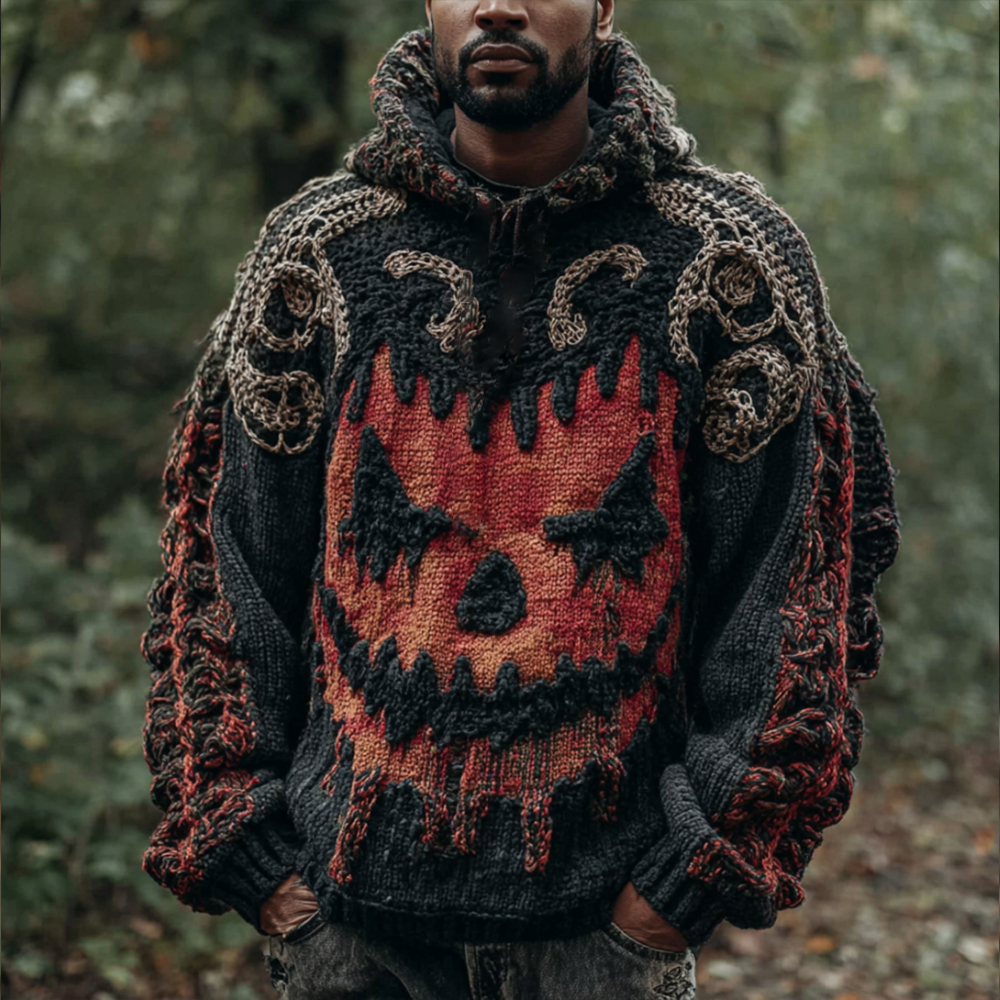 Men's Halloween Devil Smiling Face Vintage Knitted Hooded Sweater