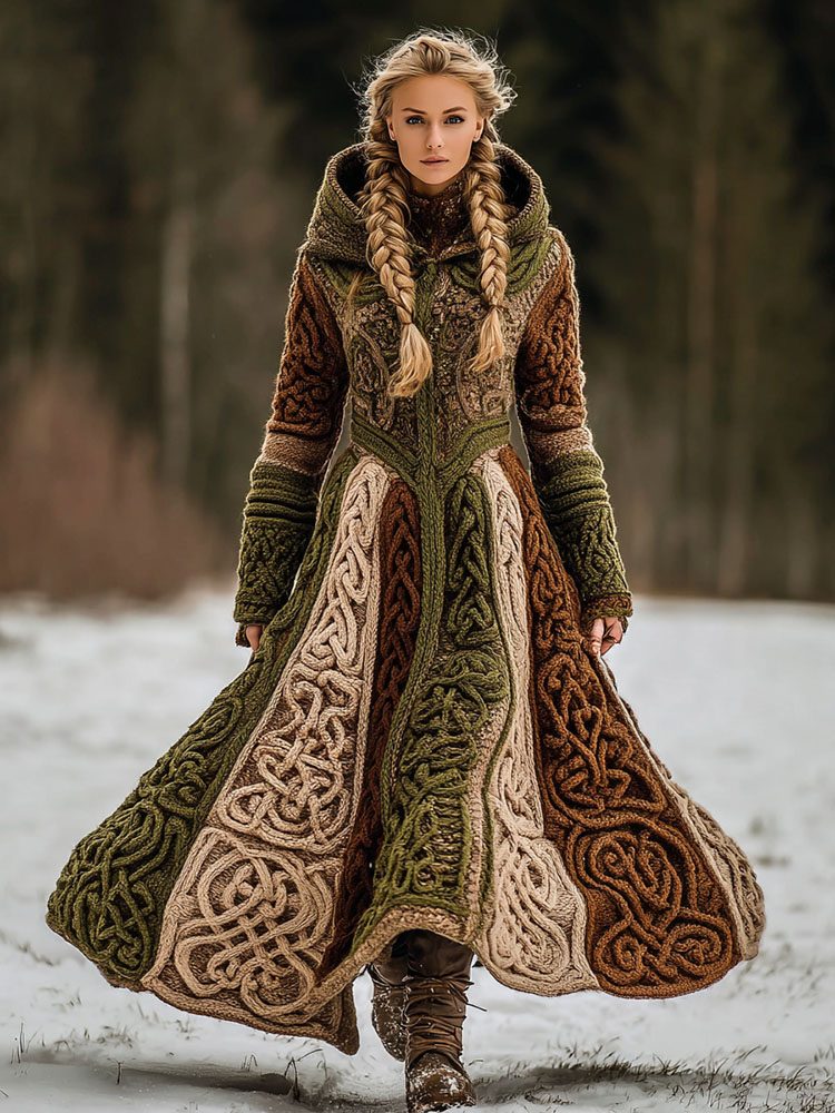 Women's Vintage Viking Celtic Knot Rune Contrast Knit Hooded Dress