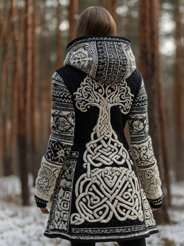 Women's Vintage Viking Celtic Tree Of Life Knit Cozy Long Sweater Jacket