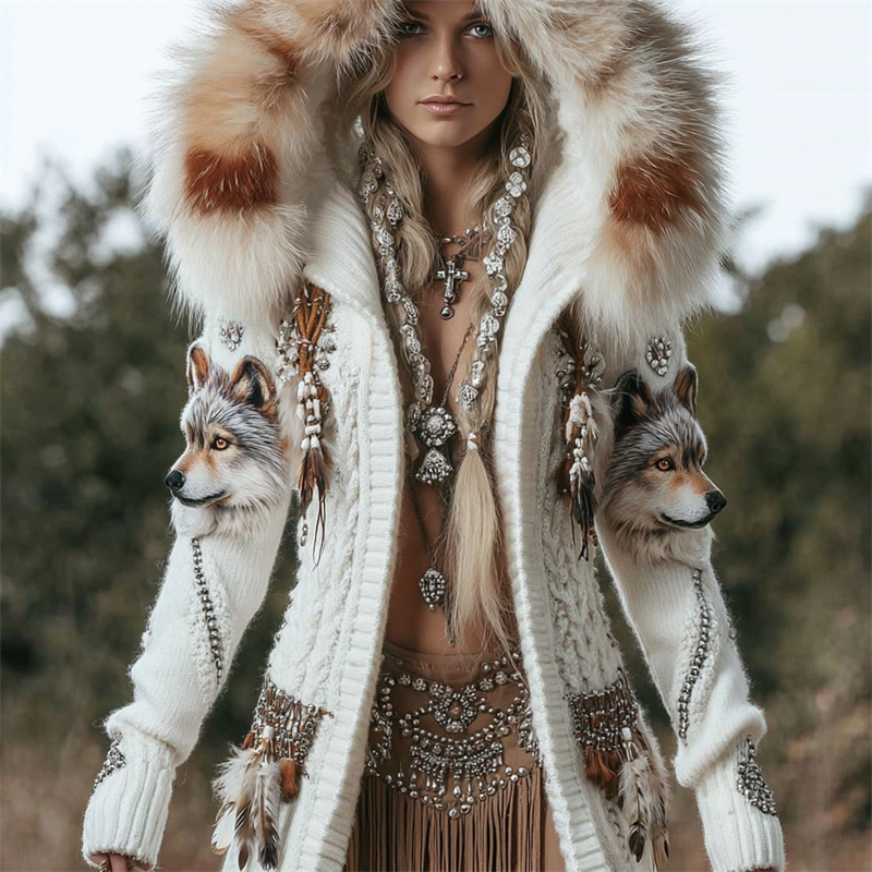 Vintage Wolf Western Feathers Fur Trim Cozy Hooded Cardigan