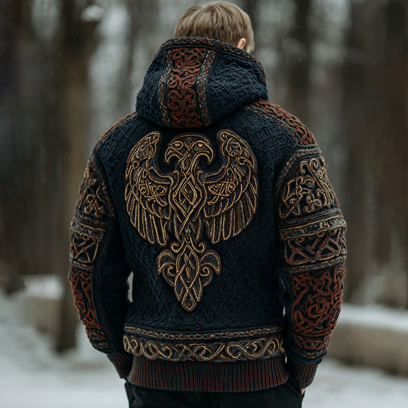 Men's Vintage Viking Eagle Pattern Knit Hooded Sweater
