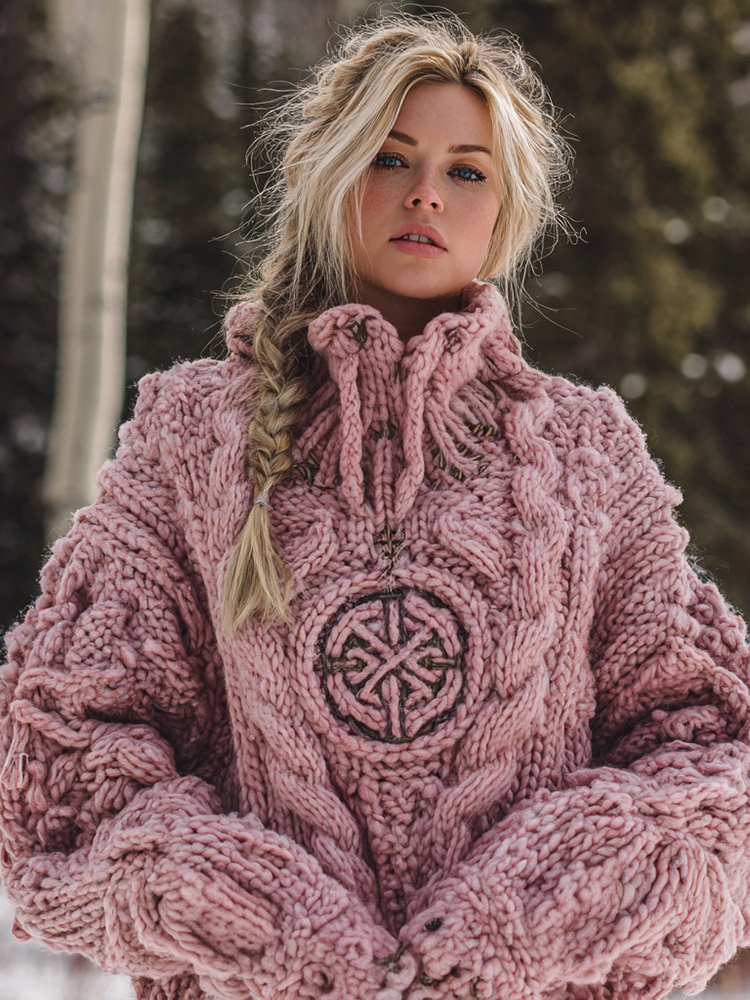 Women's Viking Celtic Knot Rune Knit Jacquard Warm Turtleneck Sweater