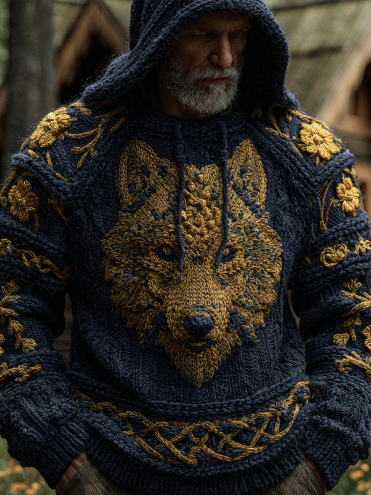 Men's Viking Golden Wolf Totem Vintage Hooded Sweater