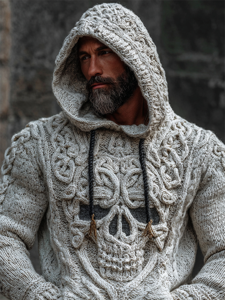 Men's Viking Celtic Skull Hooded Cozy Chunky Sweater