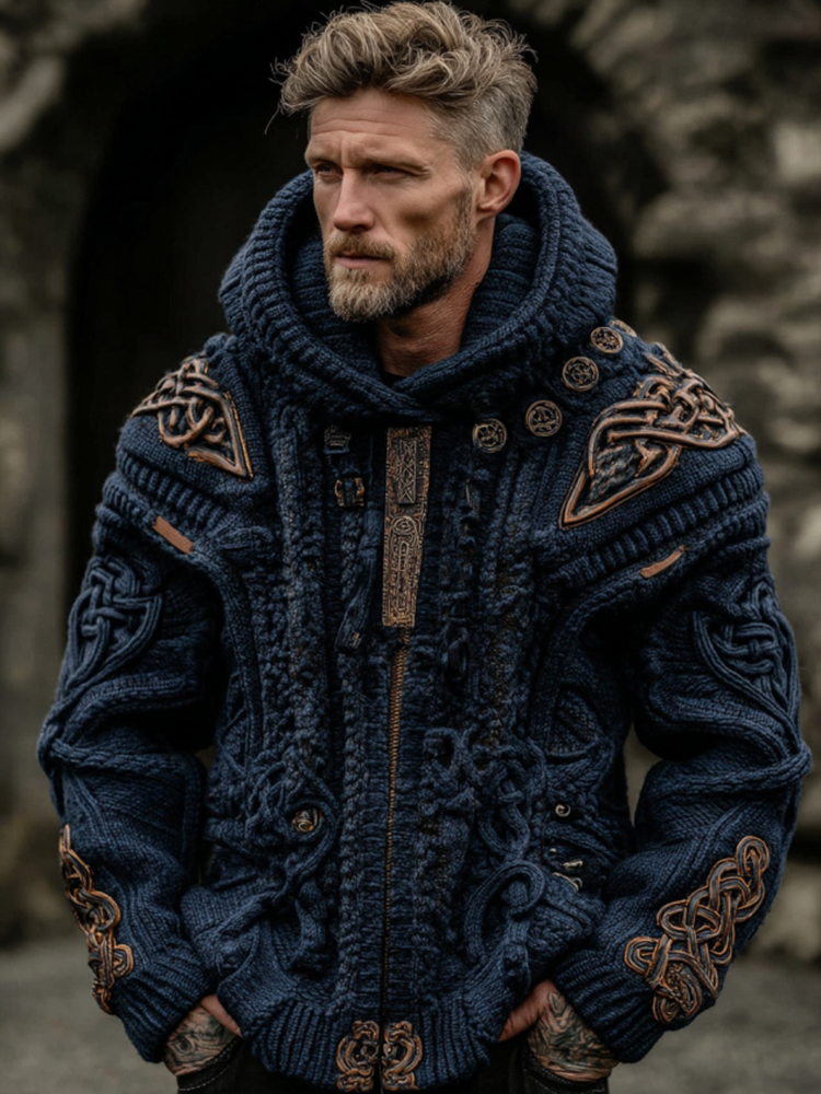 Men's Vintage Viking Art Jacquard Knitted Cozy Hooded Sweater