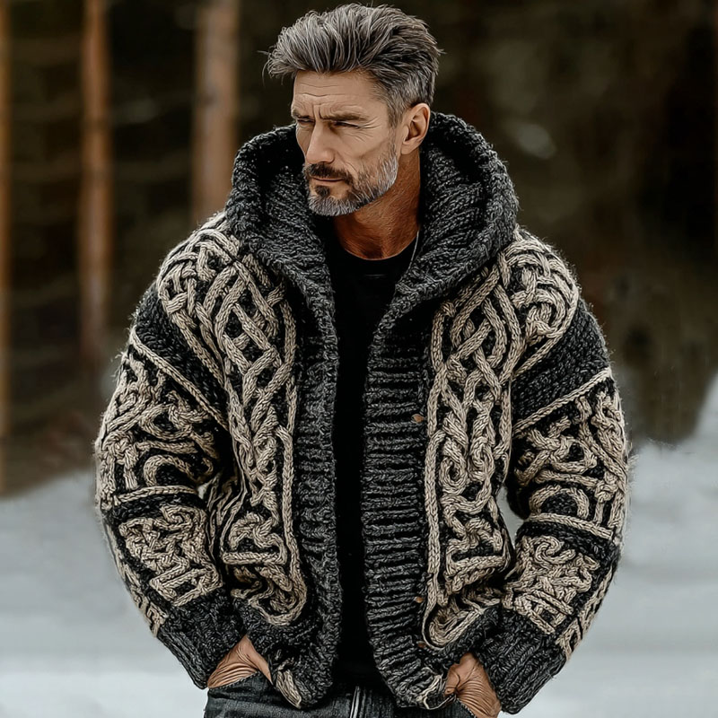 Men's Vintage Viking Celtic Knot Art Zip-up Chunky Knit Hooded Cardigan