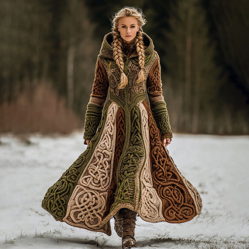 Women's Vintage Viking Celtic Knot Rune Contrast Knit Hooded Dress