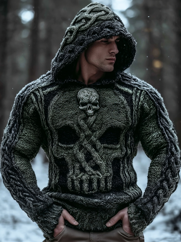 Vintage Viking Evil Skull Men's Chunky Knit Twist Hooded Sweater