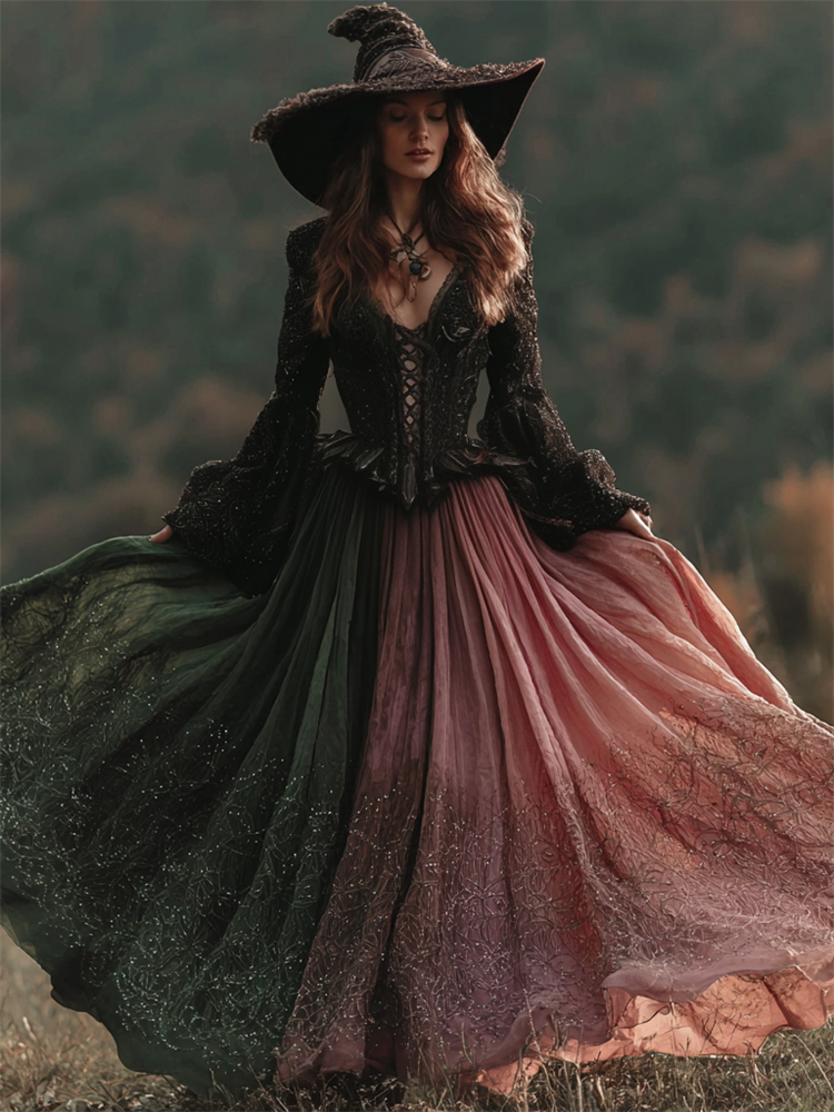 Vintage Halloween Witch Contrast Gradient Glitter Linen Maxi Dress