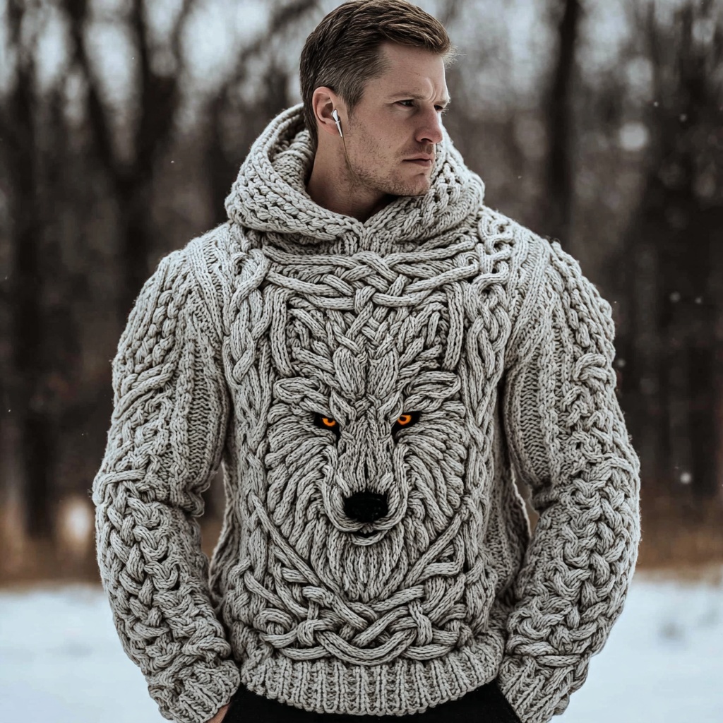Men's Viking Celtic Wolf Knit Chunky Hooded Sweater