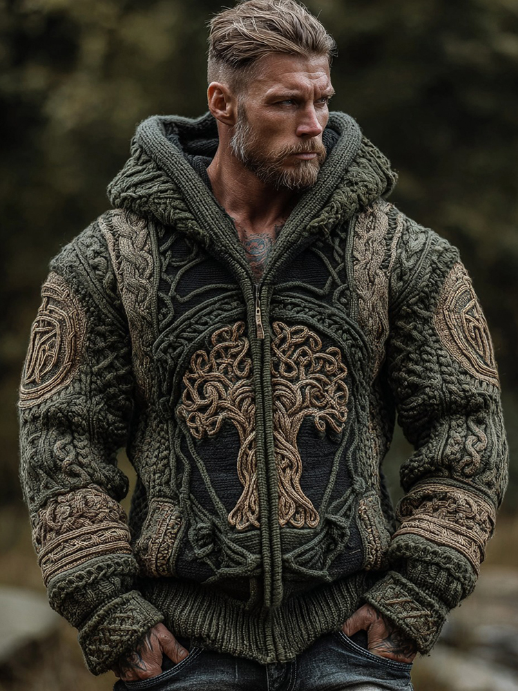 Men's Vintage Viking Life Of Tree Jacquard Knit Zipper Aran Sweater Hooded Cardigan