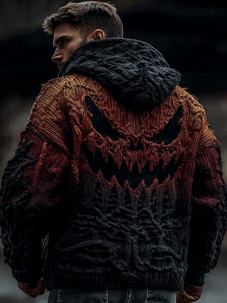 Viking Halloween Scared Pumpkin Face Jacquard Knit Twist Zip Hooded Sweater Cardigan