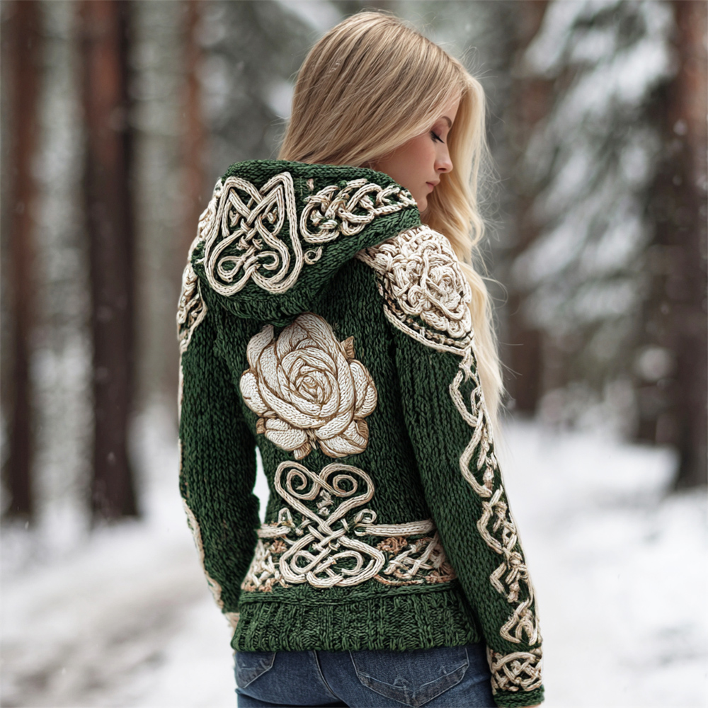 Celtic Knot & Rose Knit Art Women's Hooded Sweater
