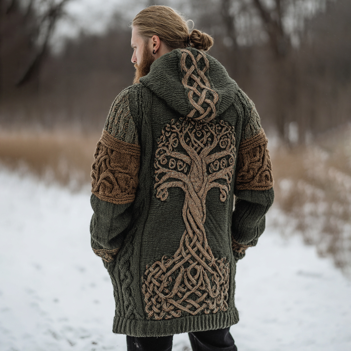 Men's Retro Tree Of Life Celtic Knot Art Jacquard Chunky Knitted Cozy Hooded Cardigan