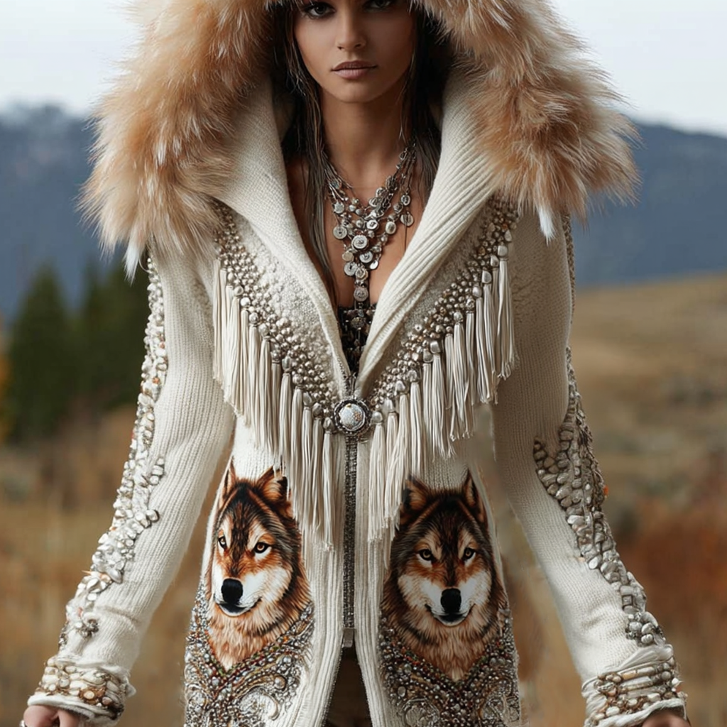 Vintage Western Wolf Ethnic Tassels Fur Trim Cozy Hooded Cardigan
