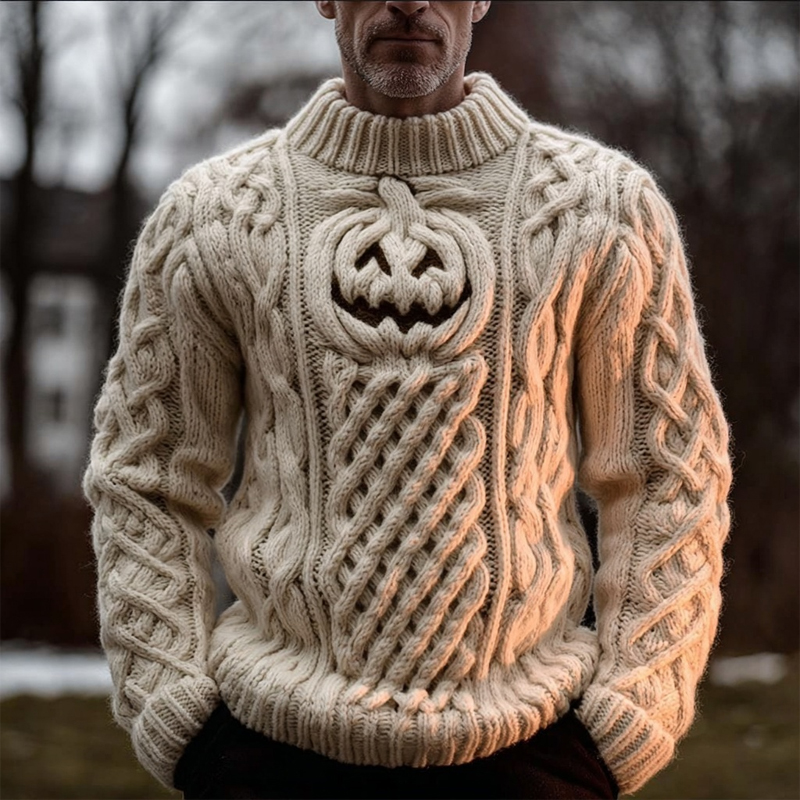 Men's Halloween Pumpkin Face Jacquard Chunky Turtleneck Sweater