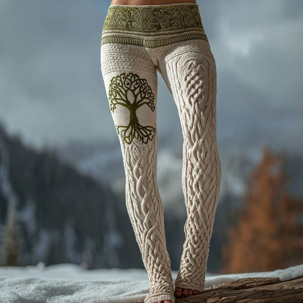 Vintage Tree Of Life Pattern Celtic Knit Cozy Leggings