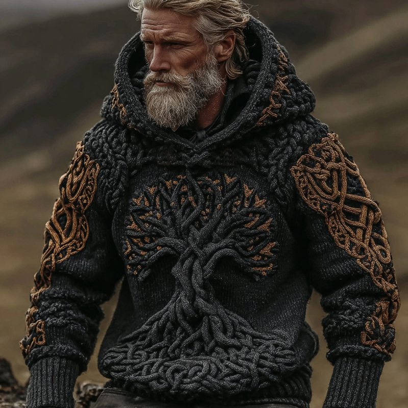 Men's Viking Tree Of Life Art Celtic Knot Jacquard Knitted Hooded Sweater