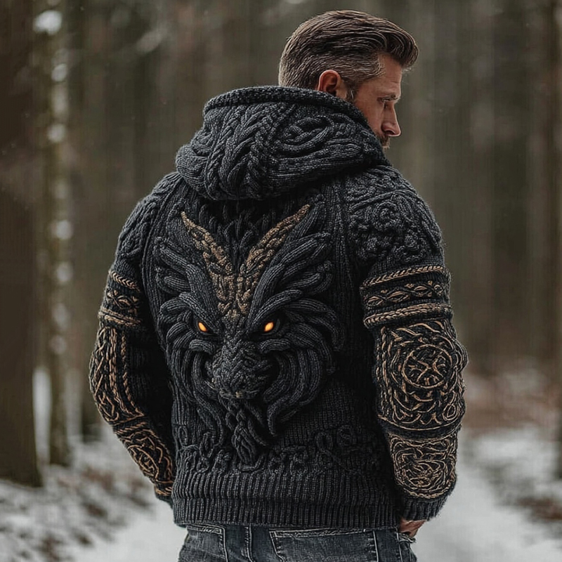 Men's Vintage Viking Dragon Jacquard Knitted Cozy Zipper Up Hooded Cardigan
