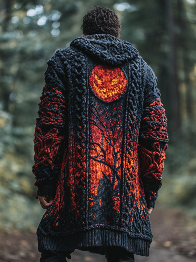 Halloween Pumpkin Lights Men's Hooded Twist Sweater Cardigan