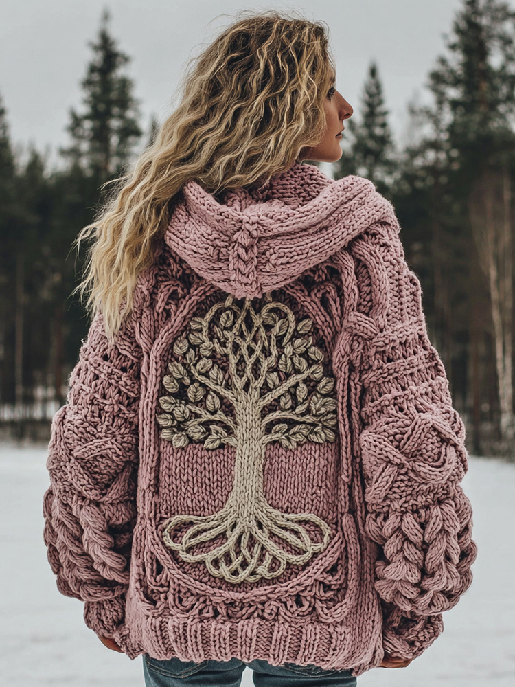 Women's Vintage Viking Tree Of Life Cozy Knit Hooded Sweater