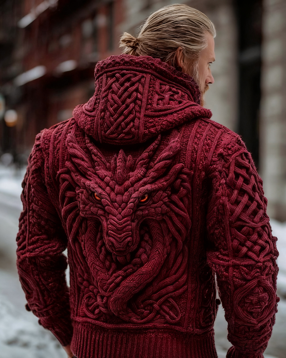 Men's Vintage Viking Dragon Style Celtic Knot Art Chunky Knit Hooded Zip-up Sweater