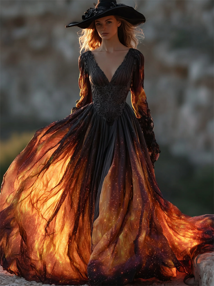 Halloween Witch You Couldn't Burn Flame Flowy Maxi Dress