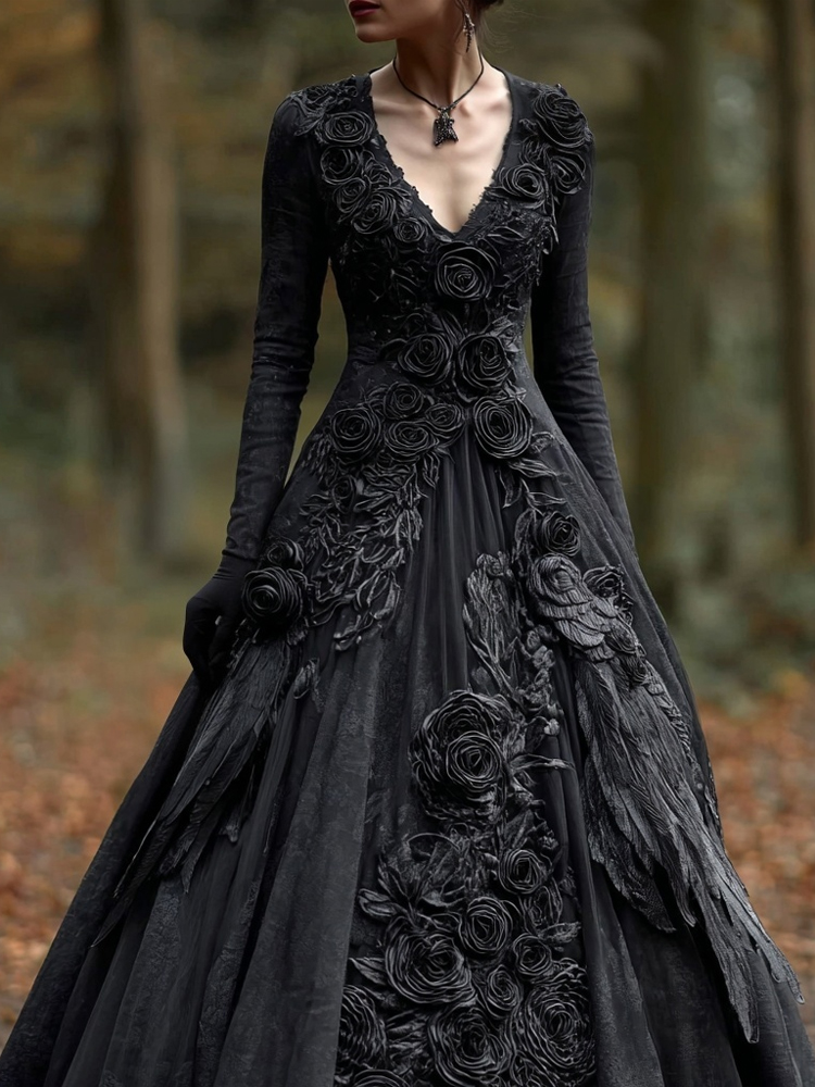 Classy Crow Feathers & Roses Embroidered Maxi Dress