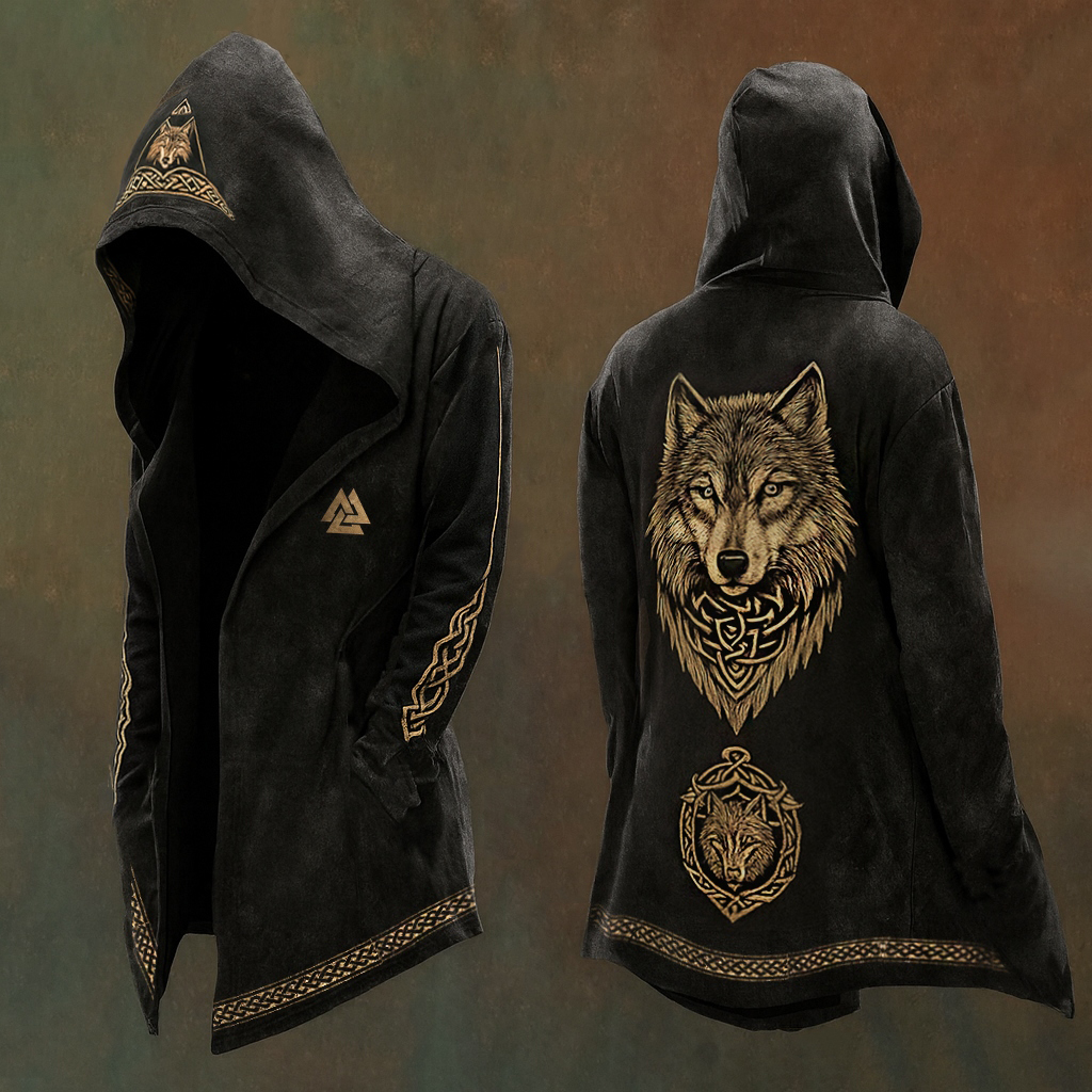 Men's Viking Nordic Wolf Design Streetwear Hooded Jacket