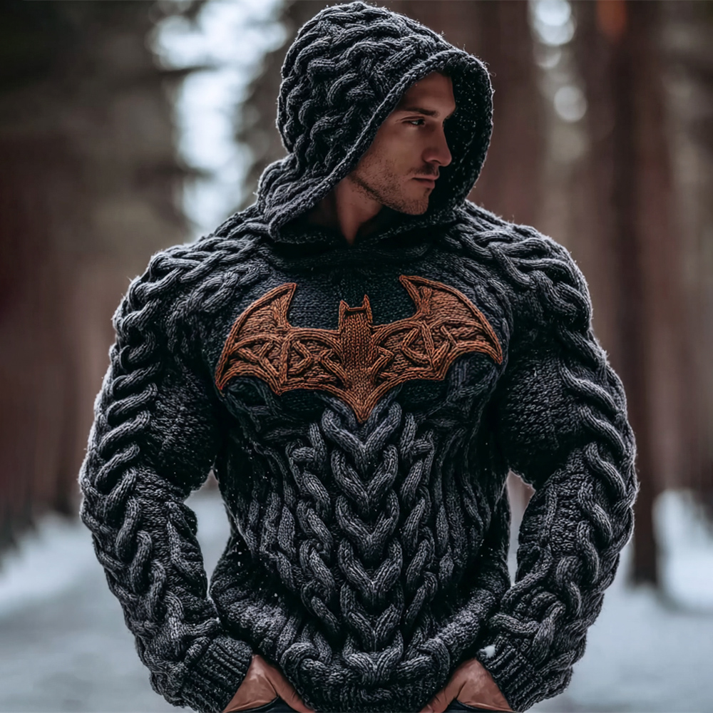 Halloween Bat Art Men's Chunky Knit Hooded Sweater