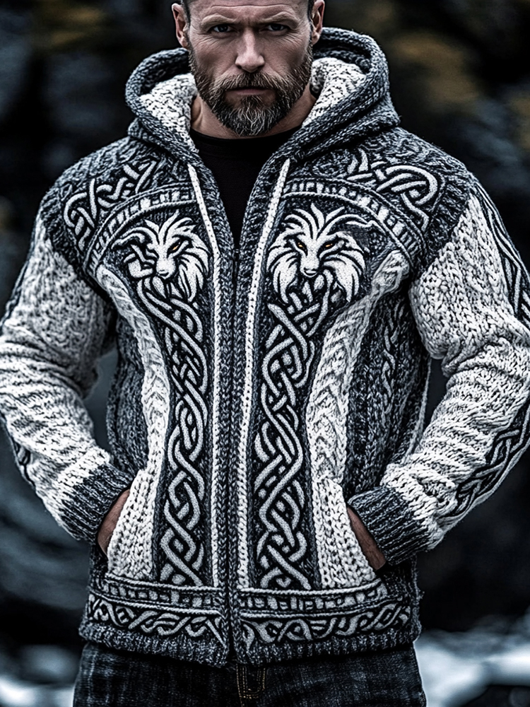 Men's Viking Wolf Style Celtic Thick Zip Hooded Sweater