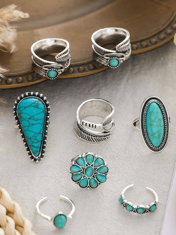 Vintage Western Style Turquoise Open Ring Set Of 8