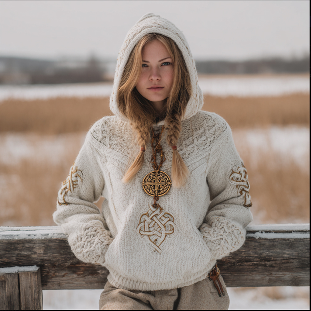 Women's Viking Style Celtic Knot White Hooded Sweater